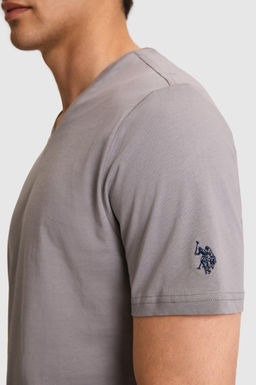 Erkek Regular Fit V Yaka Gri Basic Ti__rt