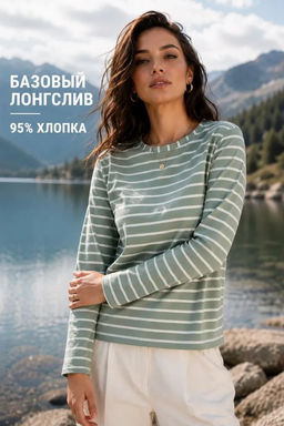 Лонгслив тельняшка хлопок 95%, лайкра 5% ,зелено-белый - Binita фото 11