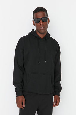 Siyah Oversize/Geni_ Kesim Kap__onlu __i Polar/S_cak Tutan _i_ek Bask_l_ Sweatshirt TMNAW22SW1651 - Trendyolmilla фото 2
