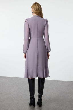 TRENDYOLMILLA Camel Dik Yakal? Etegi Volanl? Sifon Dokuma K?sl?k Elbise TWOAW20EL1313 фото 5