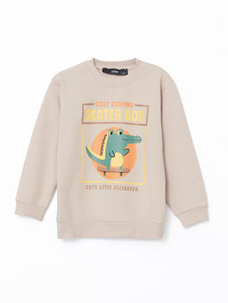 Bisiklet Yaka Bask?l? Erkek Bebek Sweatshirt