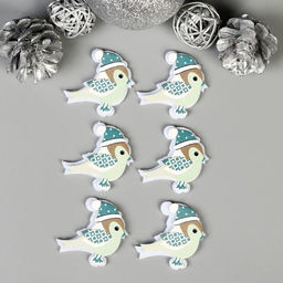 Декор для творчества дерево, войлок «Воробушек в шапочке» набор 6 шт. 4.2×4.2 см