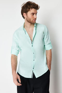 TRENDYOL MAN Koyu Yesil Dugmeli Yaka Apoletli Slim Fit Uzun Kol %100 Pamuklu Keten Gorunumlu Gomlek TMNSS20GO0189 - Trendyolmilla фото 30