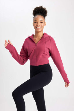 Укороченный толстый свитшот DeFactoFit с капюшоном и двойным карманом на молнии фото 5