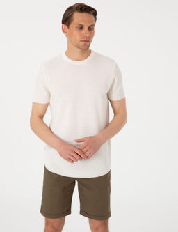 Ekru Slim Fit Keten Kar___ml_ Triko Ti__rt