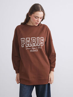 Bisiklet Yaka Paris Bask?l? Oversize Kad?n Sweatshirt Tunik