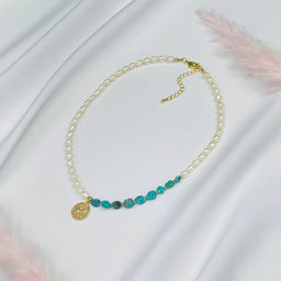 Колье из Жемчуга и Бирюзы с подвеской 45 см +