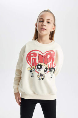 Мягкий толстый толстый свитшот PowerPuff для девочек с круглым вырезом и нечетким рисунком для девочек - Defacto фото 3