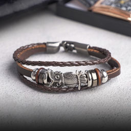 Браслет кожаный «Совушка», L=20 см, коричневый в чернёном серебре