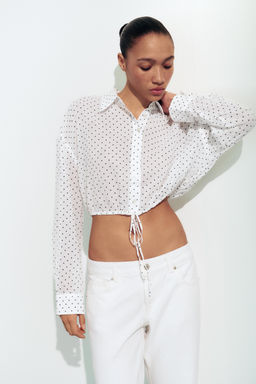 CAMISA GASA CROP CORD?N AJUSTABLE LUNARES / Negro / Blanco