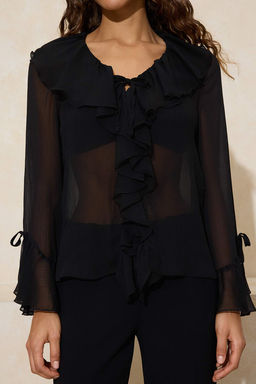Siyah F?rf?r Detayl? Transparan Sifon Dokuma Bluz TWOSS26BZ00084