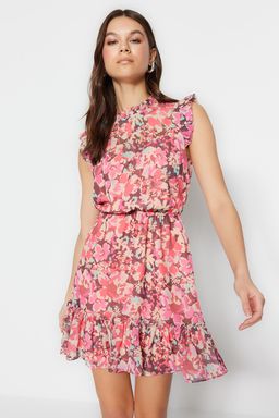 Pembe Cicek Desenli Belden Ac?lan Mini Dokuma Elbise TWOSS23EL02008 - Trendyolmilla фото 2