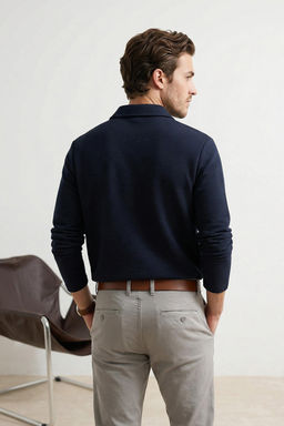 Lacivert Loose Fit Dokulu Fermuarl? Uzun Kol Polo Yaka T-shirt TMNSS26PO00002