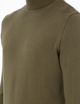 Koyu Haki Slim Fit Bal_k__ Yaka Basic Triko Kazak