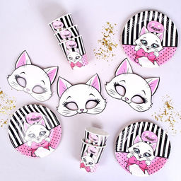 УЦЕНКА Набор бумажной посуды c масками «Кошечка», 6 тарелок, 6 стаканов, 6 масок