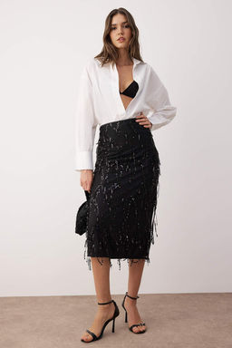 Siyah Sacakl? Payet Detayl? Midi Etek TPRAW26ET00009 - Trendyolmilla фото 2