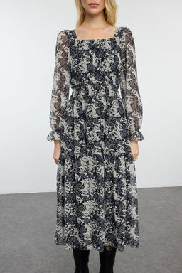 TRENDYOLMILLA Siyah Cicek Desenli Skater/Belden Ac?lan Maxi Dokuma Sifon Astarl? Elbise TWOAW25EL00193  фото 3