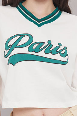 TRENDYOLMILLA Ekru %100 Pamuk Relaxed/Rahat Kal?p Crop Bask?l? Orme T-Shirt TWOSS25TS00086 фото 3