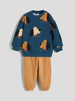 K?pek Bask?l? Erkek Bebek E?ofman Alt? ve Sweatshirt 2li