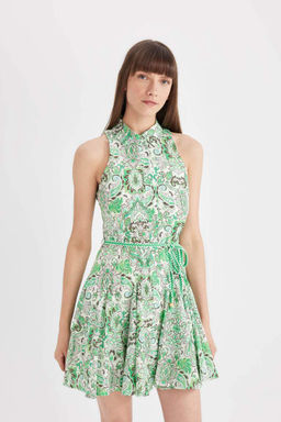 Мини-платье А-силуэта без рукавов с рубашечным воротником и рисунком из вуали - Defacto фото 3