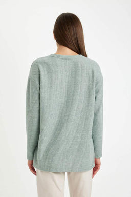 Женский простой свитшот свободного покроя с круглым вырезом в рубчик на бретельках с боковыми разрезами - Defacto фото 7