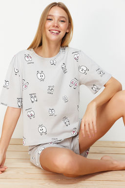 Trendyolmilla Gri %100 Pamuklu Eglence Desenli Sortlu Orme Pijama Tak?m? THMSS24PT00024  фото 2