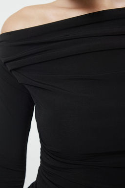 Siyah Buzgu/Drape Detayl? Fitted/Vucuda Oturan Uzun Kollu Esnek Orme Bluz TWOAW25BZ00248