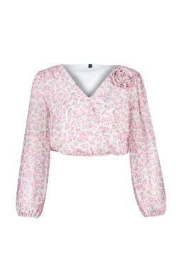 Pembe Crop Astarl? Gul Detayl? Cicekli Sifon Dokuma Bluz TWOSS24BZ00344 - Trendyolmilla фото 7