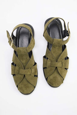 Haki Suet Duz Taban Yuvarlak Burun Kad?n Sandalet TAKSS25SD00059