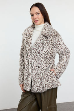 Cok Renkli Kahverengi Leopar Desenli Oversize Kal?p Uzun Kurk Mont TWOAW25MO00190