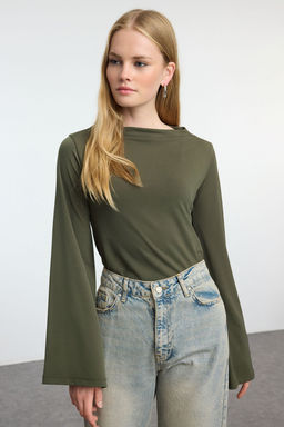 Haki Relaxed/Rahat Kal?p Ispanyol Kol Esnek Orme Bluz TWOAW25BZ00203