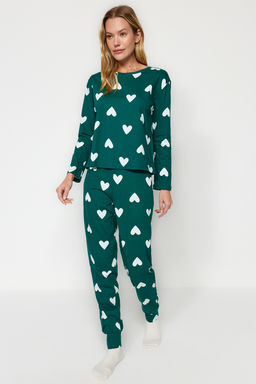 Zumrut Yesili %100 Pamuklu Kalpli Orme Pijama Tak?m? THMAW21PT0566