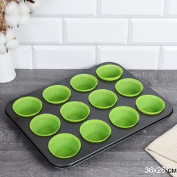 Набор для выпечки кексов и капкейков 12 ячеек 36х26 + Форма силиконовая для кексов 12 штук / RSD-50/GF-743 Зеленый - Галеонтрейд фото 3
