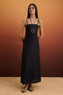 Siyah %100 Keten Basic Midi Elbise TWOSS25EL00606