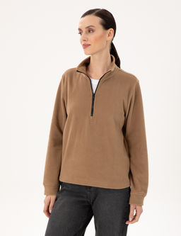 Camel Comfort Fit Fermuarl_ Polar Sweatshirt