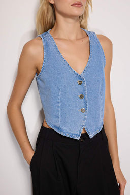 TRENDYOLMILLA Mavi V Yaka Fitted Denim Yelek TWOSS23YE00036  фото 9