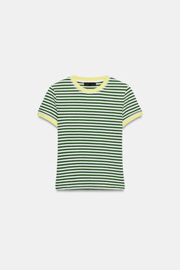 CAMISETA RAYAS MANGA CORTA / Verde / Crudo