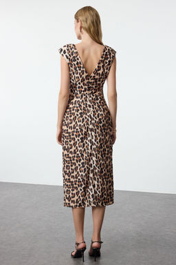 TRENDYOLMILLA Kahverengi Leopar Desenli Duz Kesim Vatkal? Dokuma Elbise TWOAW25EL00361 фото 10