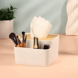 Цена за 2 шт. Органайзер для хранения «BAMBOO», с крышкой, 3 секции, 16×15×10 см, белый, коричневый