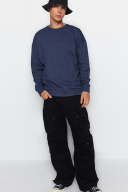 Indigo Oversize/Genis Kesim Cicek S?rt Bask?l? Ici Polarl?/S?cak Tutan Sweatshirt TMNAW23SW00493