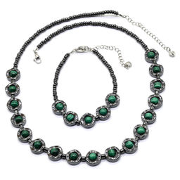 Колье с браслетом из гематита круг 12мм с малахитом, 49см, 18см Радуга камня