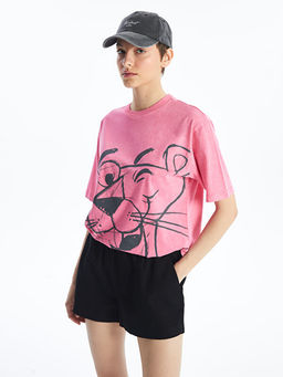 Bisiklet Yaka Pembe Panter Bask?l? K?sa Kollu Oversize Kad?n Ti??rt