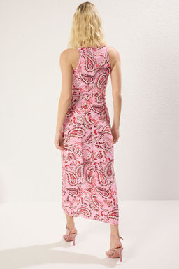 Pembe Sal Desen A Kesim Baglama Detayl? Midi Dokuma Elbise TWOSS24EL00458