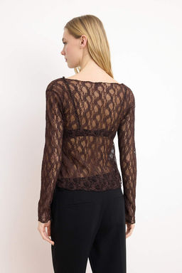 Kahverengi Fitted/Vucuda Oturan Kay?k Yaka Uzun Kollu Dantel Orme Bluz TWOSS26BZ00638 - Trendyolmilla фото 4