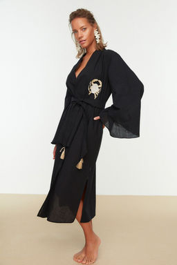 Siyah Kusakl? Midi Dokuma Nak?sl? Flaml? Pamuk Plaj Kimono&Kaftan TBESS22KM0039 - Trendyolmilla фото 3