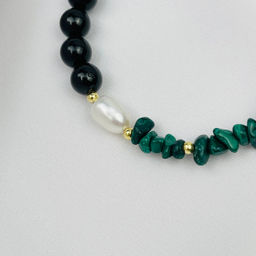 Браслет из черного Турмалина "Шерл",Малахита и Жемчуга 18 см +