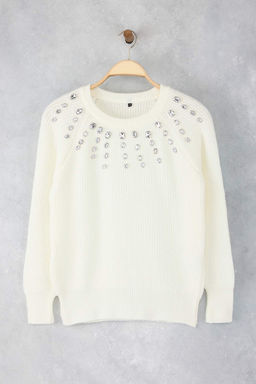 Ekru Yumusak Dokulu Mucevherli Triko Kazak TWOAW24KZ00685 - Trendyolmilla фото 5