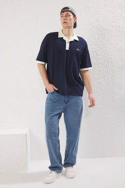 TRENDYOL MAN Lacivert Oversize/Genis Kesim Nak?s Detayl? Polo Yaka T-shirt TMNSS25PO00013 - Trendyolmilla фото 2