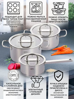 2698 GIPFEL Кастрюля CAPELLA 3,1л/20х11см, нержавеющая сталь 18/10, стеклянная крышка. Толщина: 0,6 - Werner фото 9