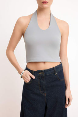 Lacivert-Gri Melanj Boyundan Gecmeli Vucuda Oturan Crop Esnek Orme Bluz TWOAW26BZ00251